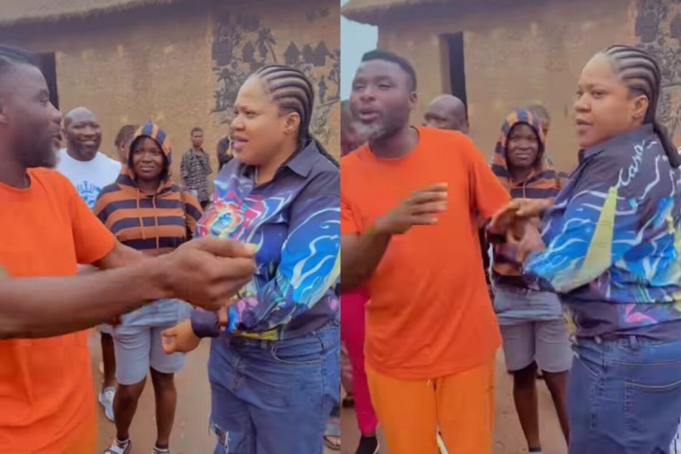 “DON’T EAT TOO MUCH” – IBRAHIM CHATTA AND OTHERS TEASE TOYIN ABRAHAM ABOUT HER WEIGHT AS SHE VISITS HIS FILM VILLAGE (VIDEO)