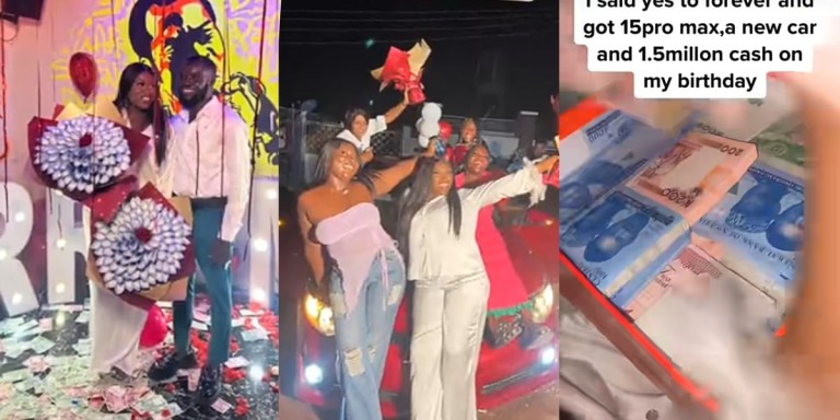 Nigerian lady says yes to boyfriend’s marriage proposal, gets brand new car, iPhone 15 Pro Max, and ₦1.5M cash