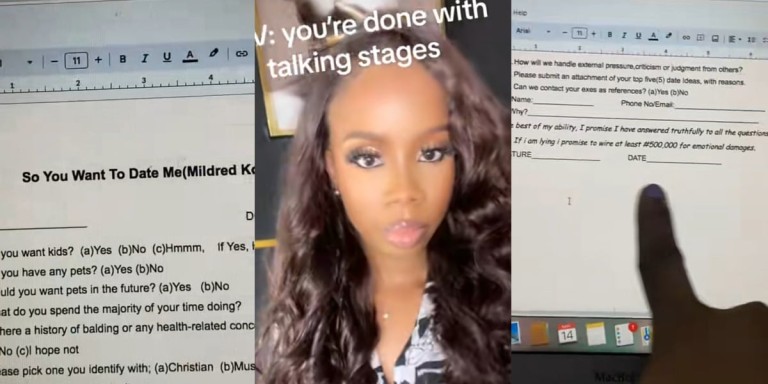 Nigerian lady says goodbye to ‘talking stage’ with 24 questions to suitors, ₦500k fine for emotional damages