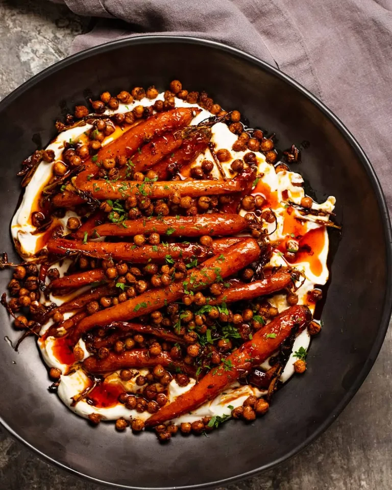 Spicy maple roast carrots with crispy chickpeas and yogurt sauce